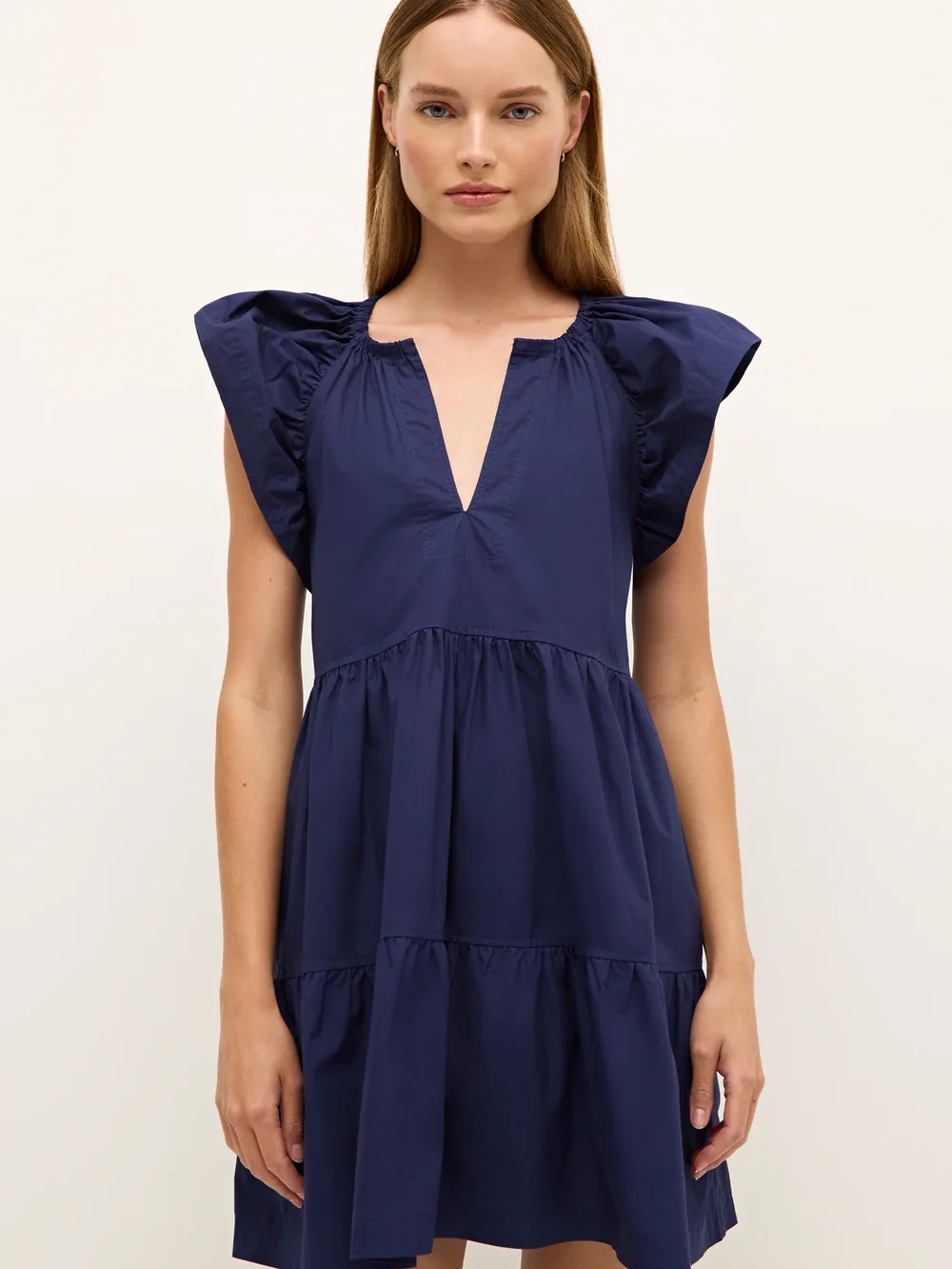 Marie Oliver Navy Split-Neck Ruffle Sleeve Mini Dress